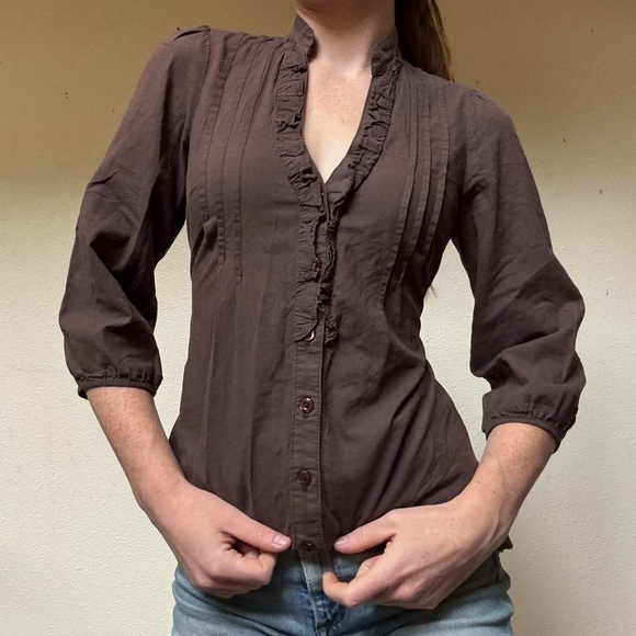 Anthropologie odille brown cotton blouse with tie waist - Picture 4 of 7